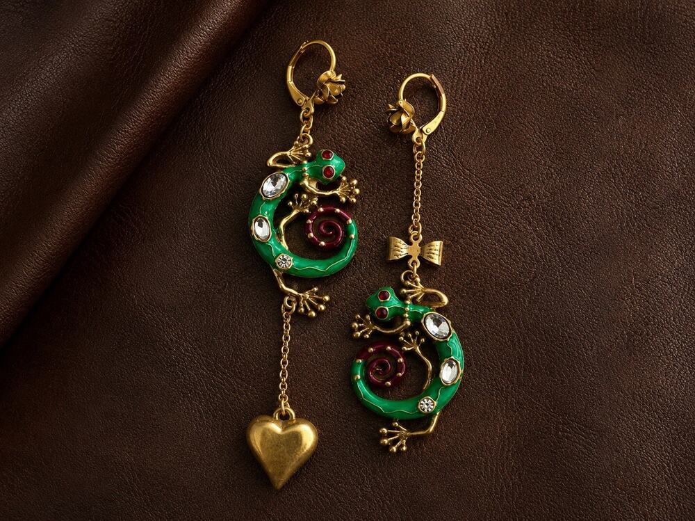 Antique Lizard Heart Bow Earrings Mismatch Crystal Gold Whimsical Cottagecore